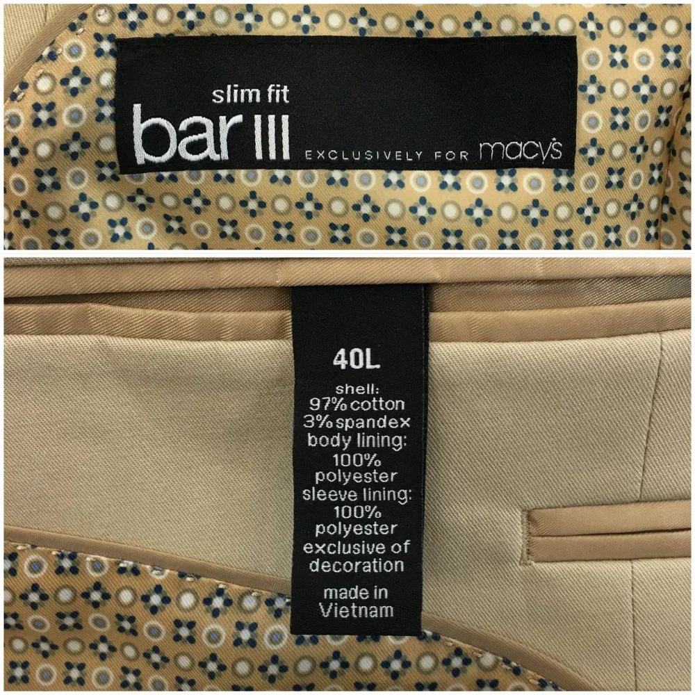 Bar III Mens Blazer Sport Coat Two Button Casual Jacket Size 40L Cotton Suits‎